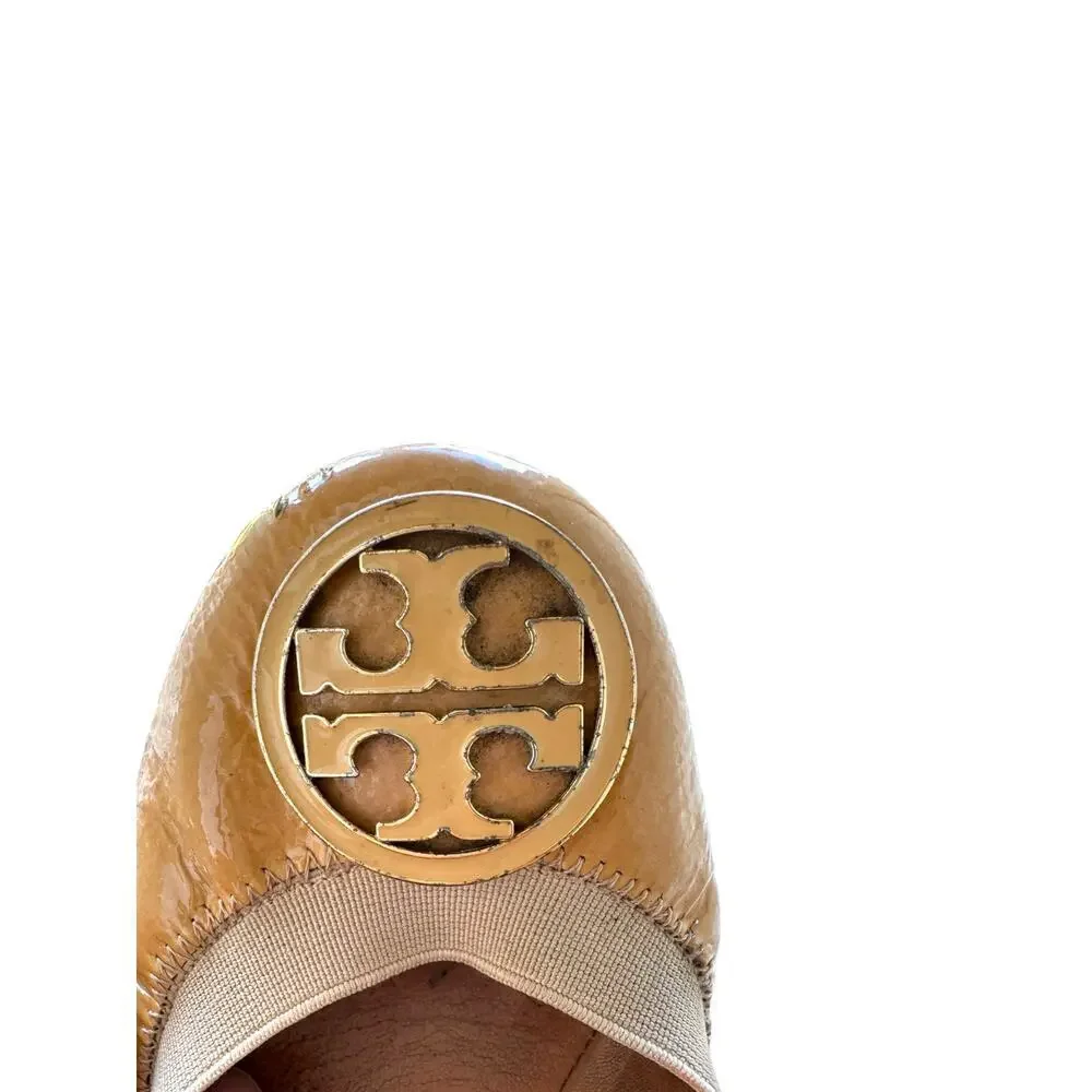 Tory Burch Caroline Ballet Flats Brown Patent Leather Logo‎ Size 5 M Pre-Owned